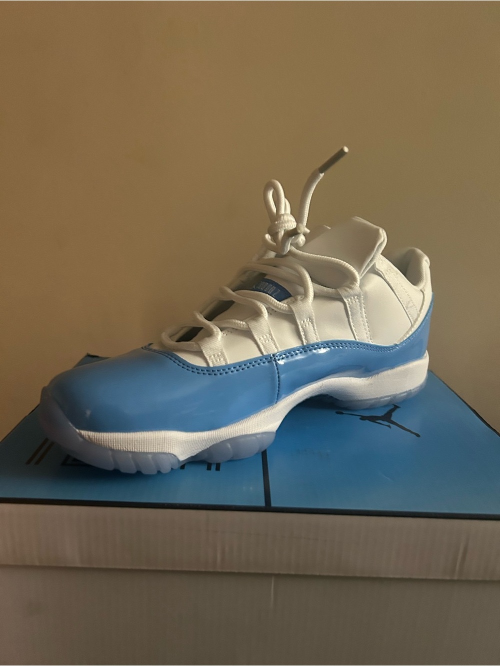 Jordan Retro Low White and Light Blue Patent Leather Sneakers Gamma Blue